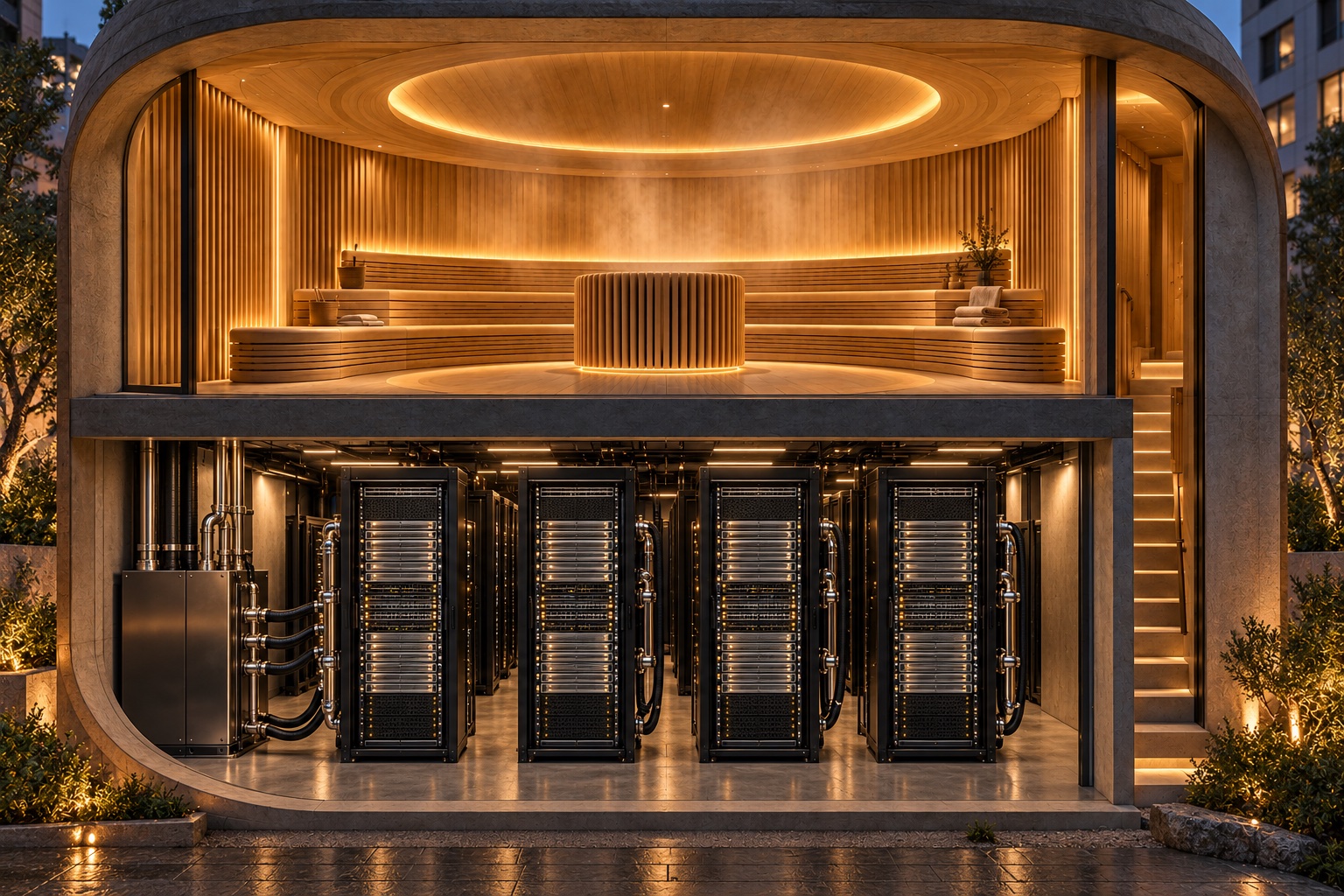 Sauna upstairs, liquid-cooled NVL72 racks downstairs